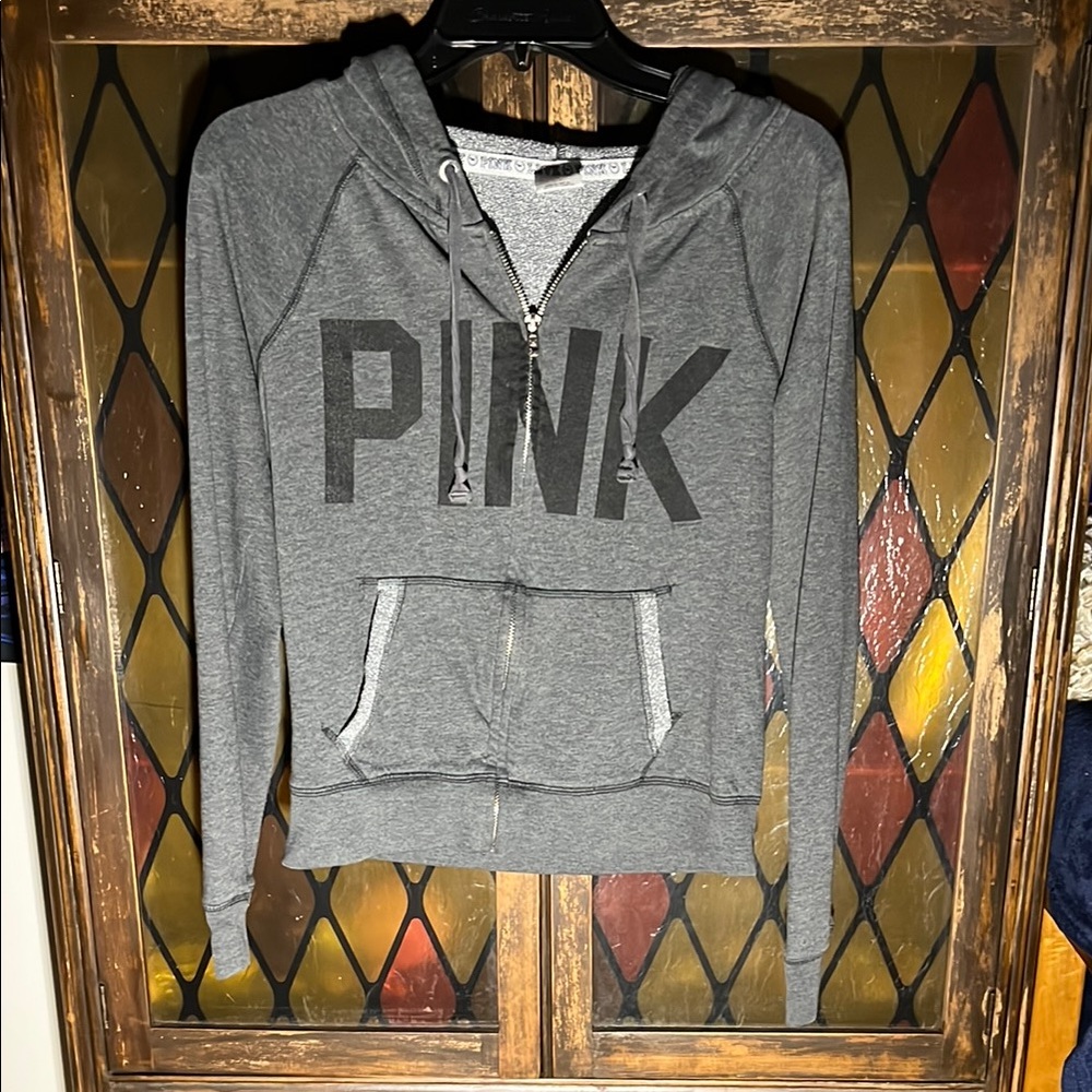 Victoria’s Secret Gray Zip-Up Hoodie w/PINK Logo on front, multicolor 86 on back